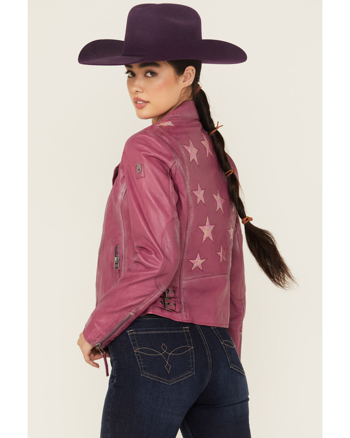 Image #1 - Mauritius Leather Women's Christy Star Zip-Front Moto Leather Jacket, Pink, hi-res