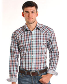 Rough Stock by Panhandle Men's Clarendon Vintage Ombre Plaid Long Sleeve Western Shirt, Teal, hi-res
