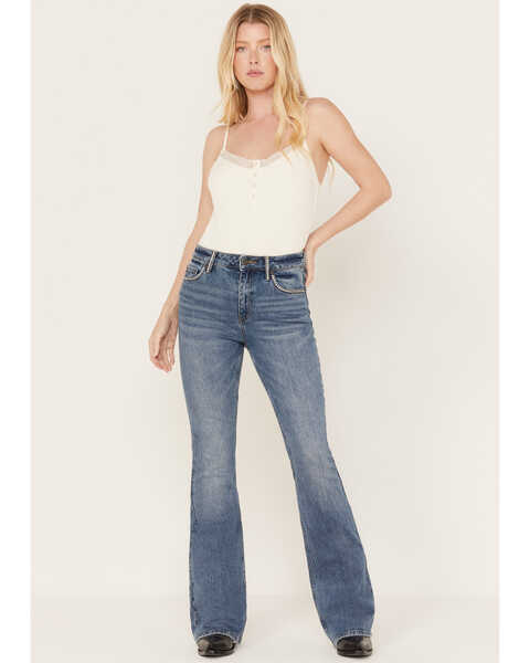 Image #1 - Idyllwind Women's Foxwood High Risin' Rhinestone Flare Jeans, Dark Medium Wash, hi-res