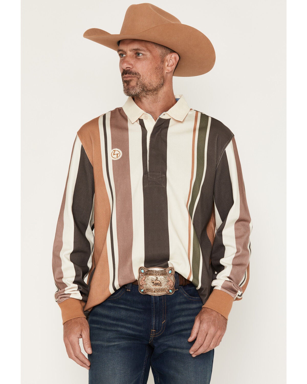 Zach Top X Kimes Ranch Men's Wyatt Striped Long Sleeve Button-Down Polo Shirt, Brown, hi-res