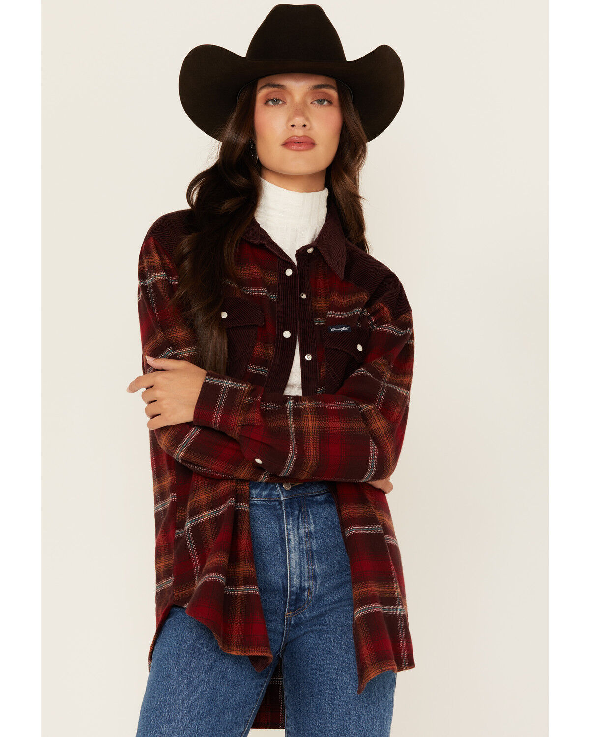 Image #1 - Wrangler Retro Women's Plaid Print Long Sleeve Snap Western Shirt, Brown, hi-res