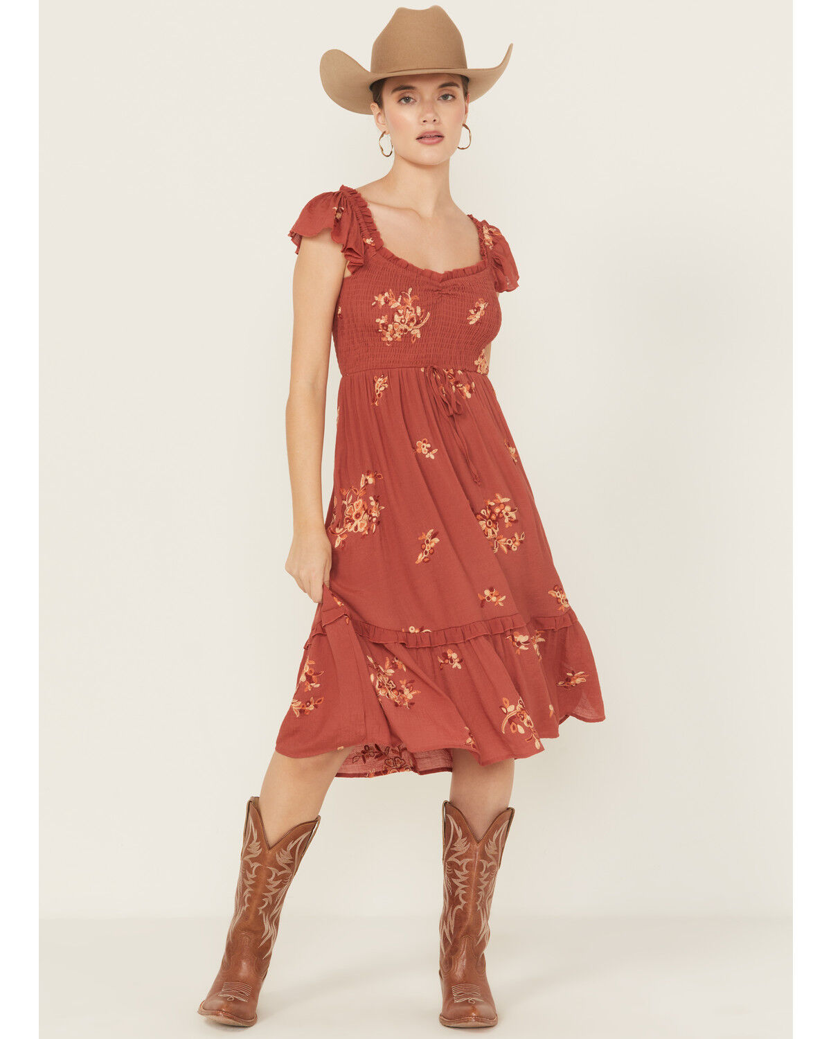 Image #1 - Wild Moss Women's Floral Embroidered Short Sleeve Midi Dress, Rust Copper, hi-res