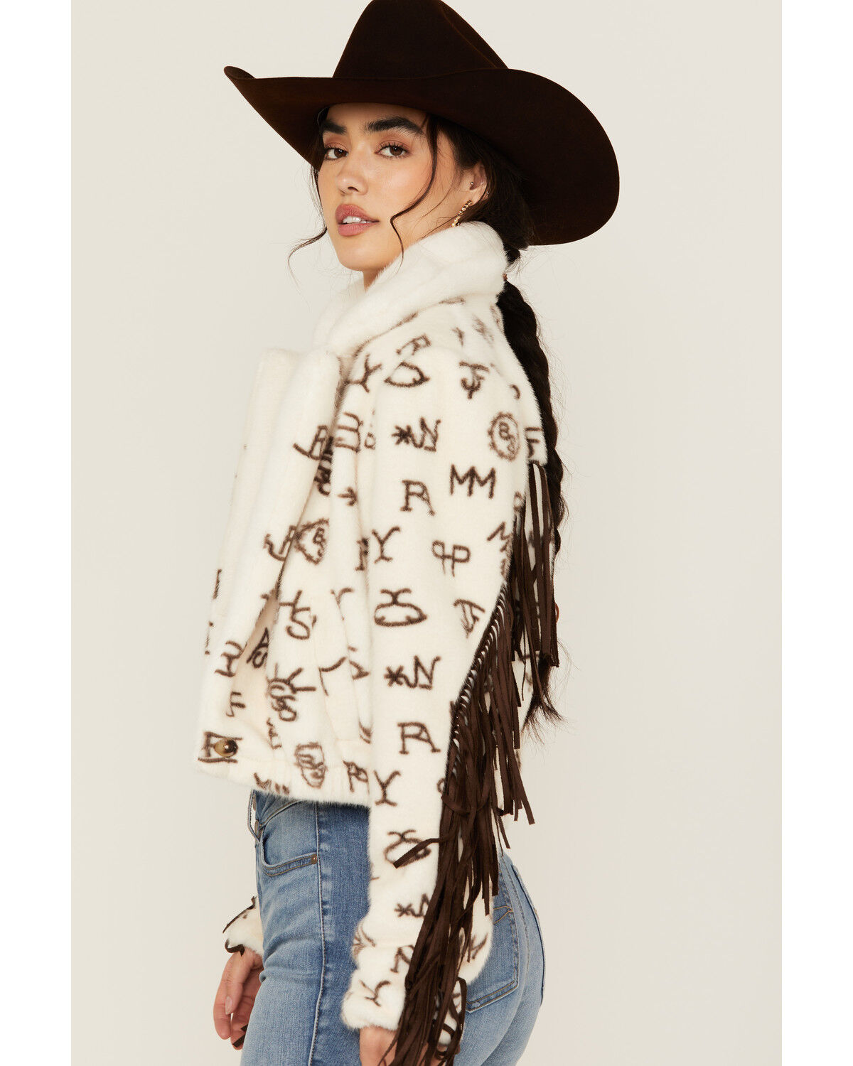 Image #2 - Panhandle Women's Conversation Print Fur Fringe Jacket, Cream, hi-res
