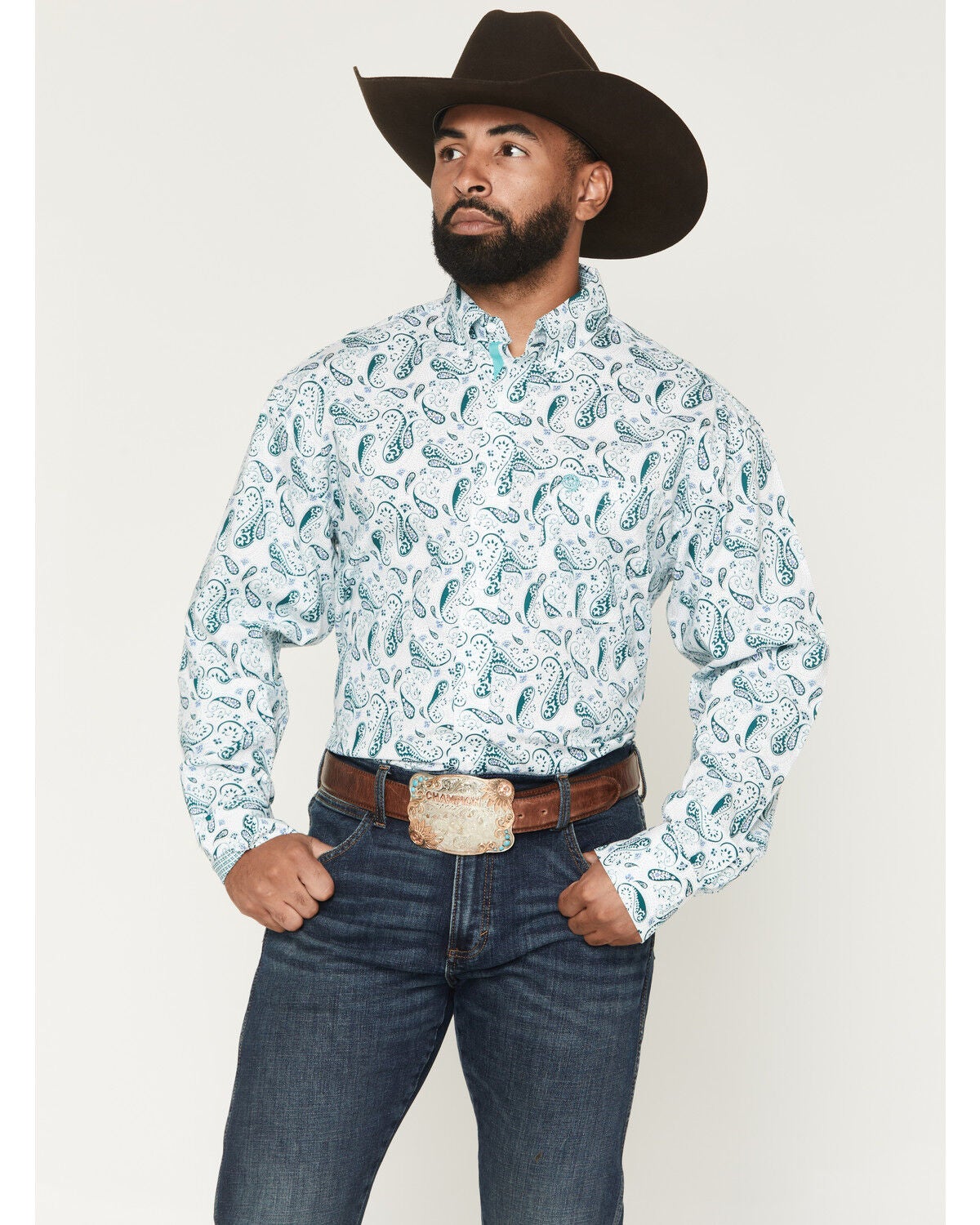 George Strait by Wrangler Men's Paisley Print Long Sleeve Button-Down Stretch Western Shirt, White, hi-res