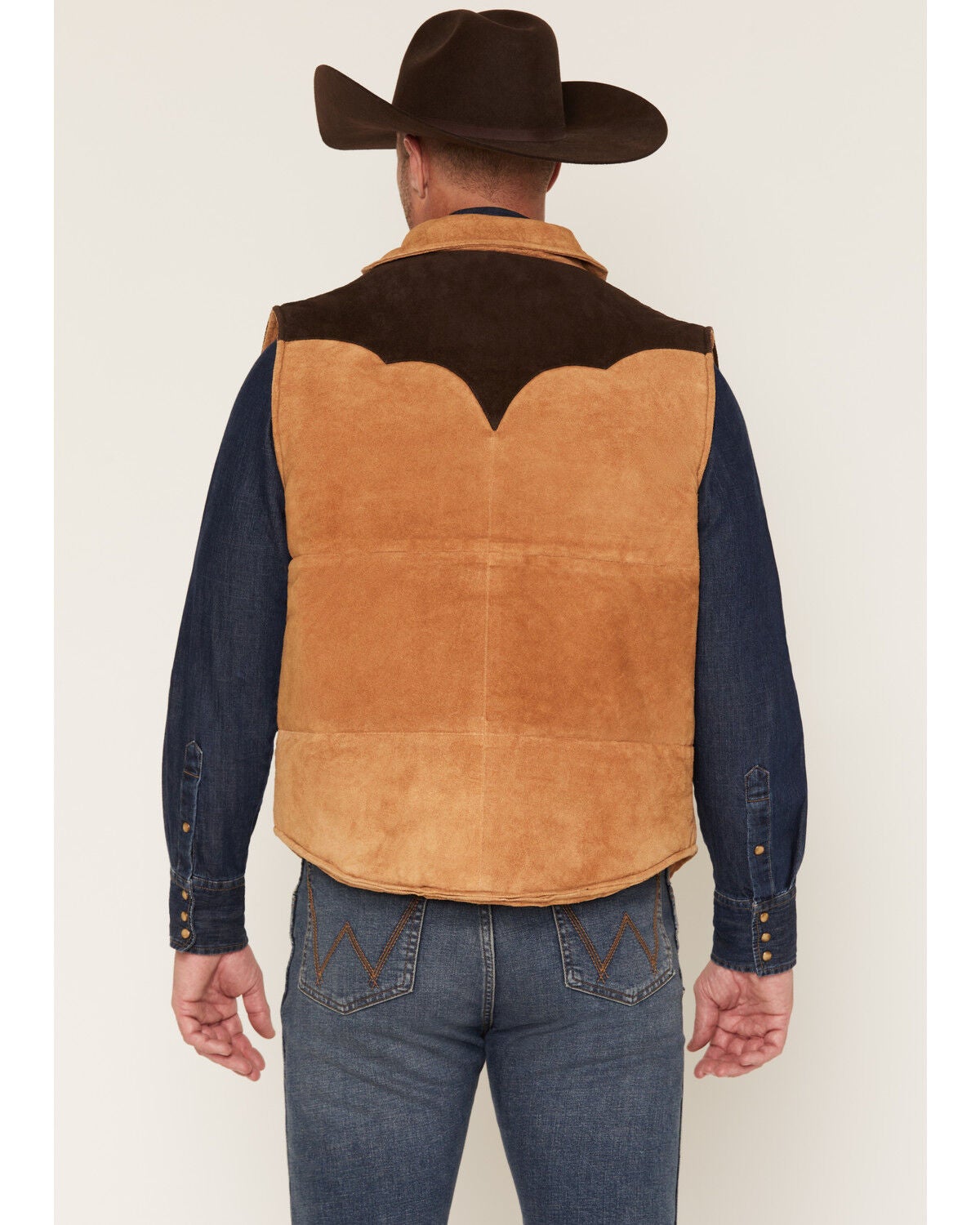 Image #4 - Cripple Creek Men's Suede Color Block Snap Puffer Vest, Cognac, hi-res