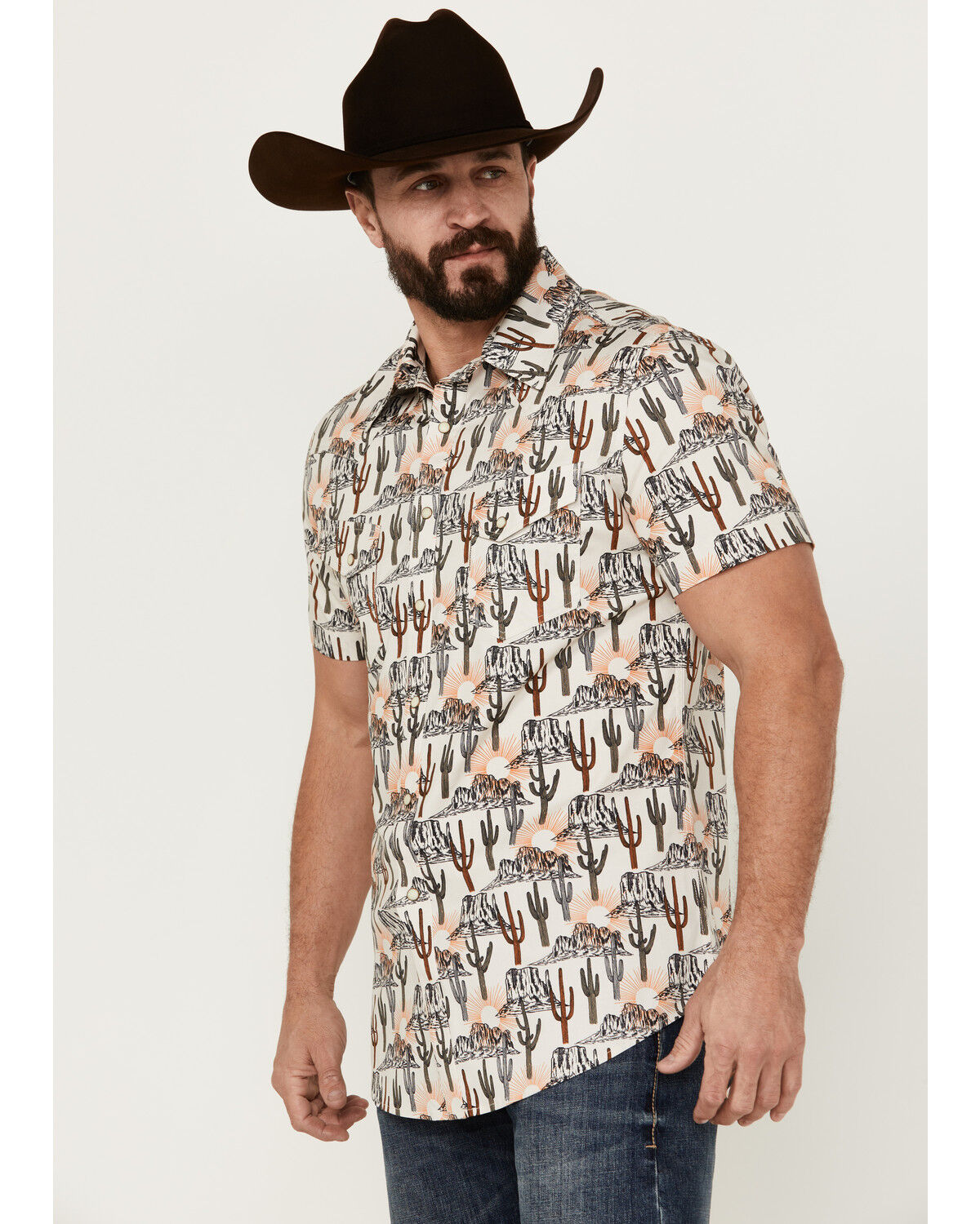 Image #2 - Rock & Roll Denim Men's Cactus Desert Print Short Sleeve Pearl Snap Stretch Western Shirt, Cream, hi-res