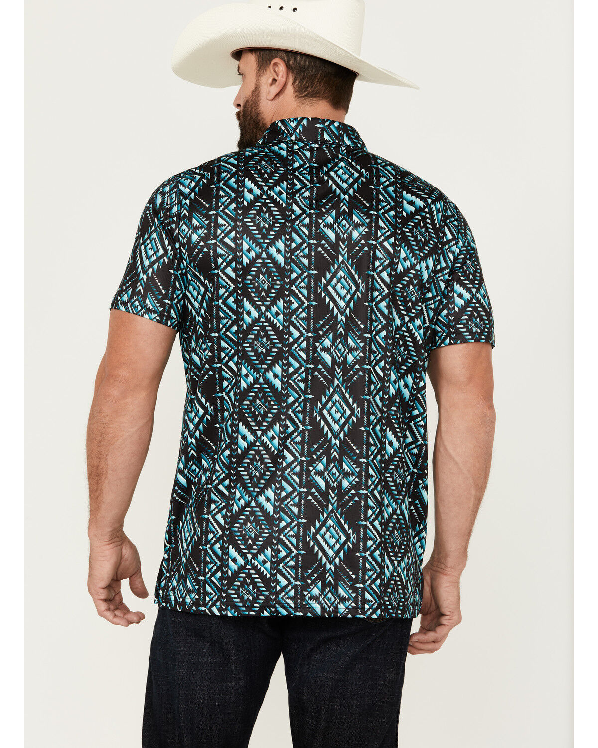 Image #4 - Rock & Roll Denim Men's Boot Barn Exclusive Southwestern Print Short Sleeve Polo Shirt, Turquoise, hi-res