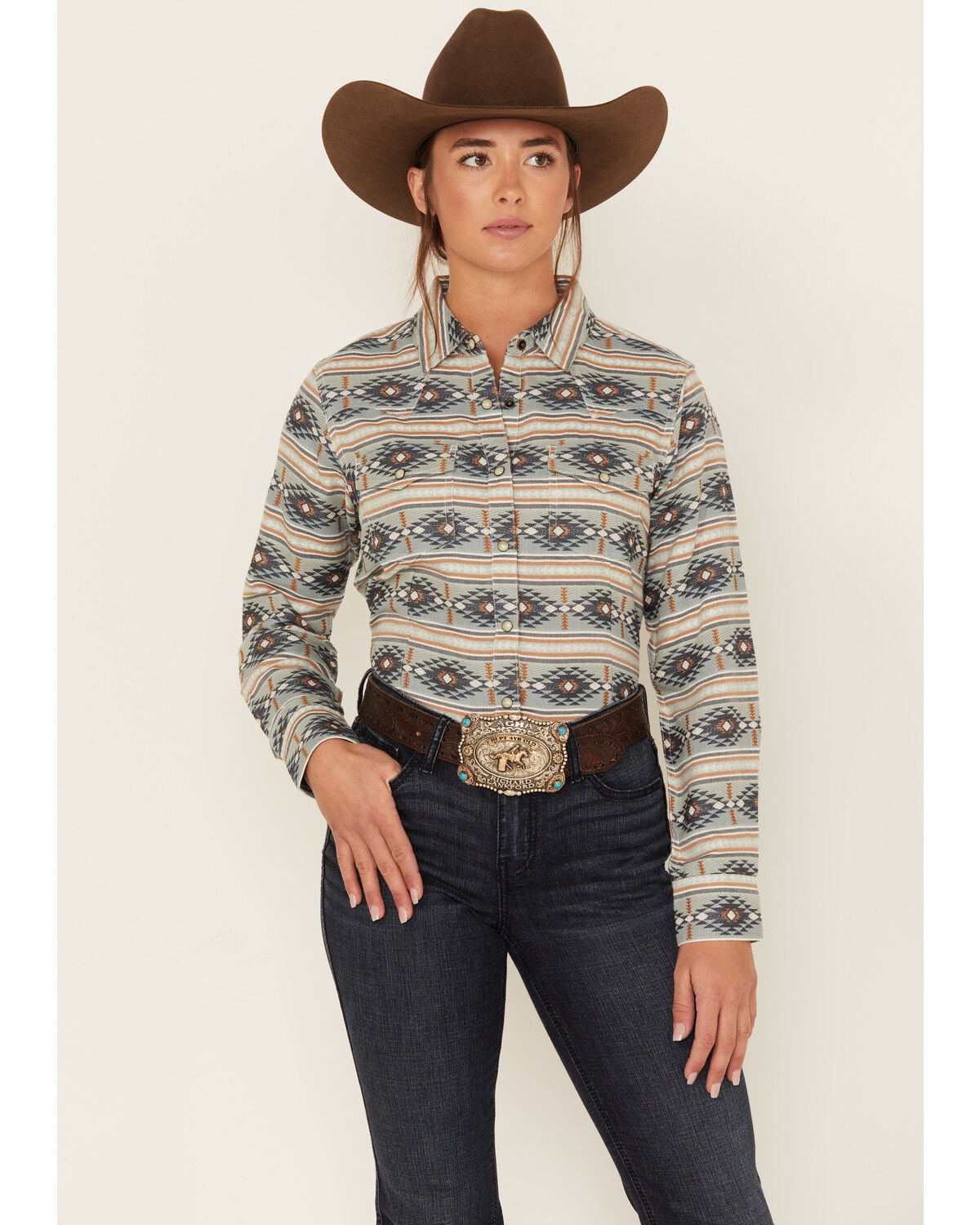 Image #1 - Ariat Women's Southwestern Stripe Print Long Sleeve Snap Creekside Western Shirt, Teal, hi-res