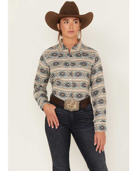 Ariat Women's R.E.A.L. Southwestern Stripe Print Long Sleeve Snap Creekside Western Shirt, Teal, hi-res