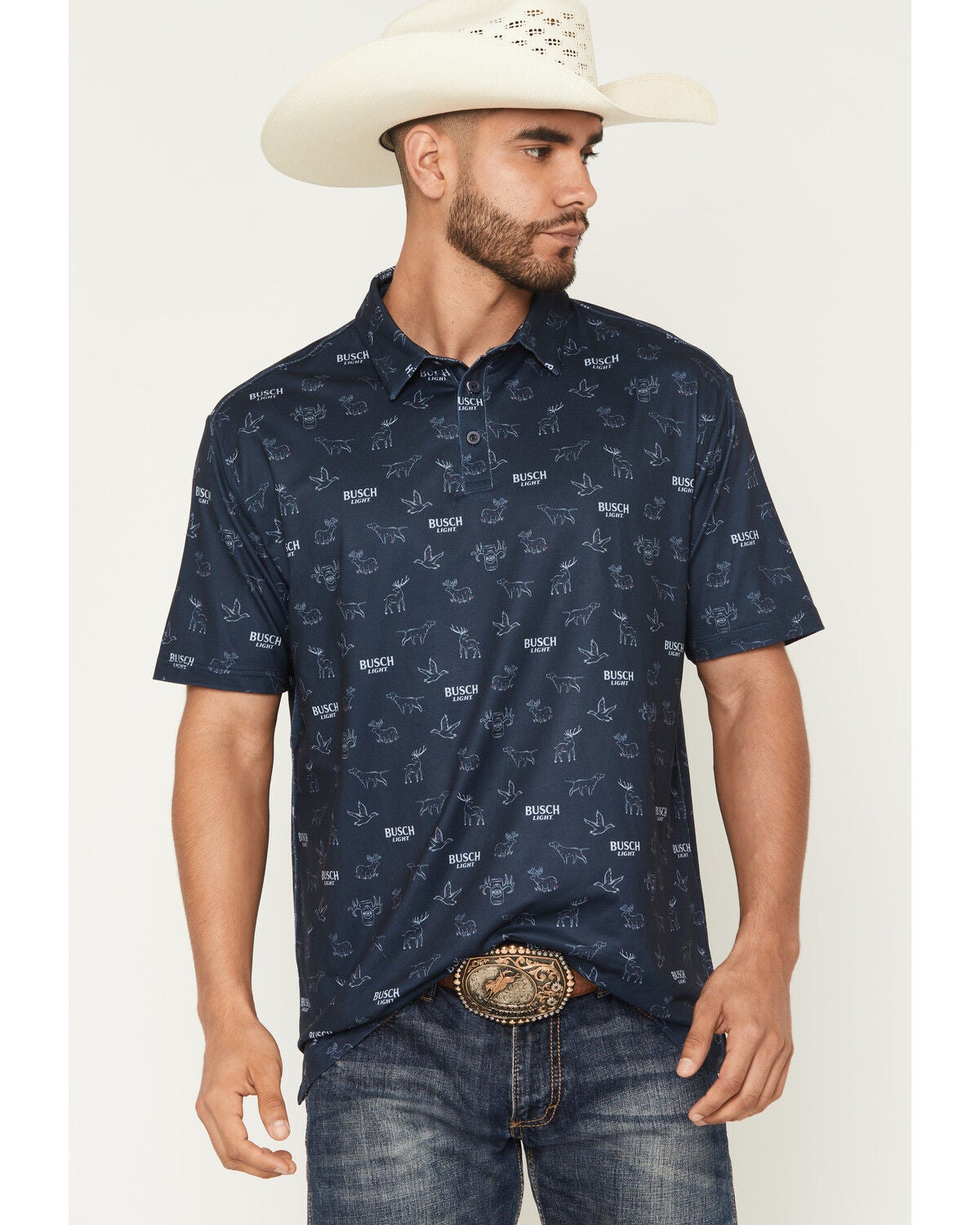 Image #1 - Buckwear Men's Busch Light Repeat Short Sleeve Polo, Navy, hi-res