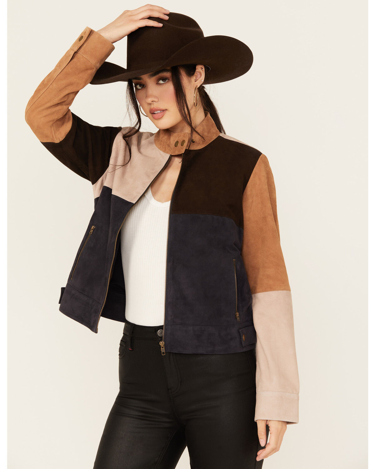 Image #1 - Cleo + Wolf Women's Carter Colorblock Suede Zip-Up Jacket, Bark, hi-res