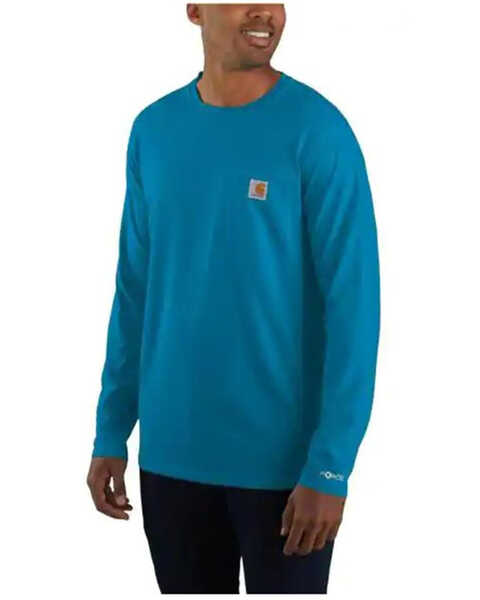 Image #1 - Carhartt Men's Force Relaxed Fit Midweight Long Sleeve Logo Pocket Work T-Shirt, Blue, hi-res