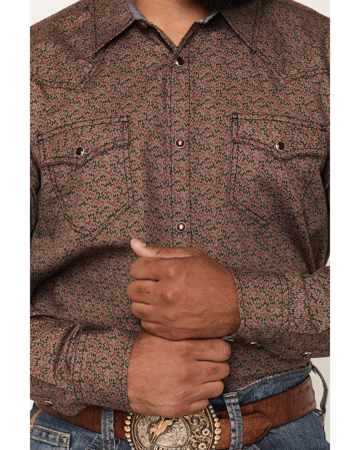 Image #3 - Cody James Men's Fireball Geo Print Long Sleeve Snap Western Shirt - Big, Brown, hi-res