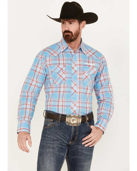 Wrangler Men's Logo Plaid Print Long Sleeve Western Snap Shirt, Multi, hi-res
