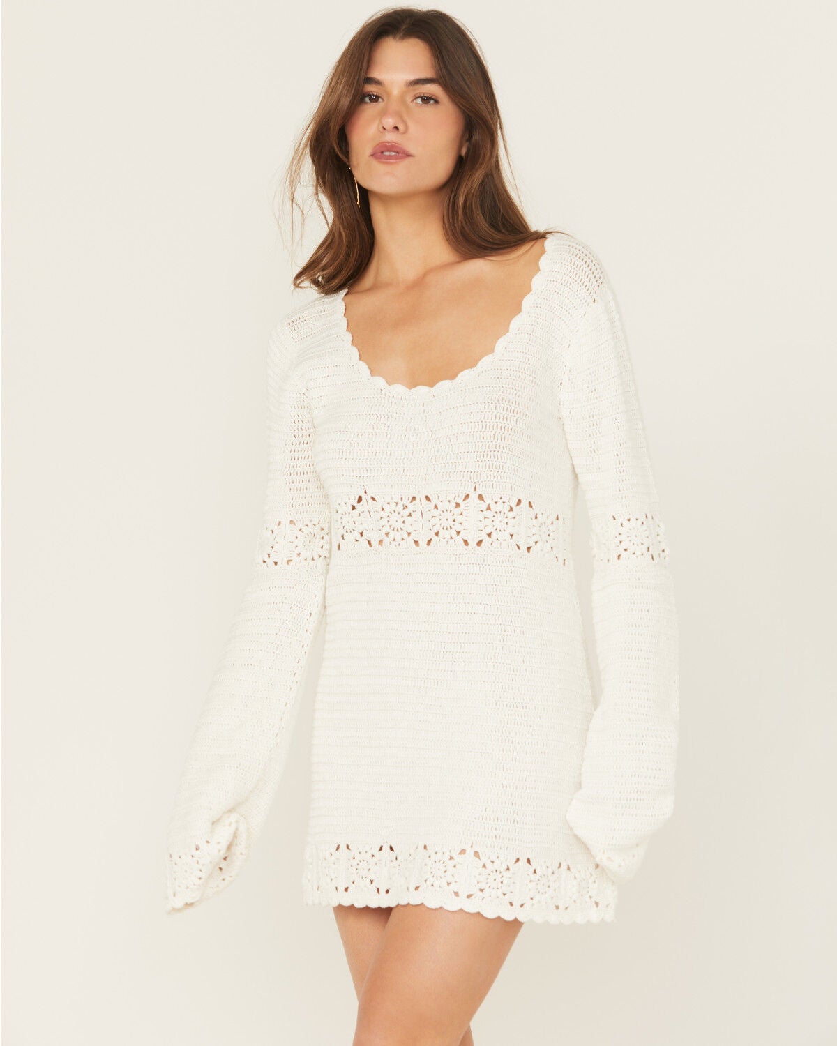 Show Me Your Mumu Women's Jet Lag Long Sleeve Crochet Mini Dress, White, hi-res