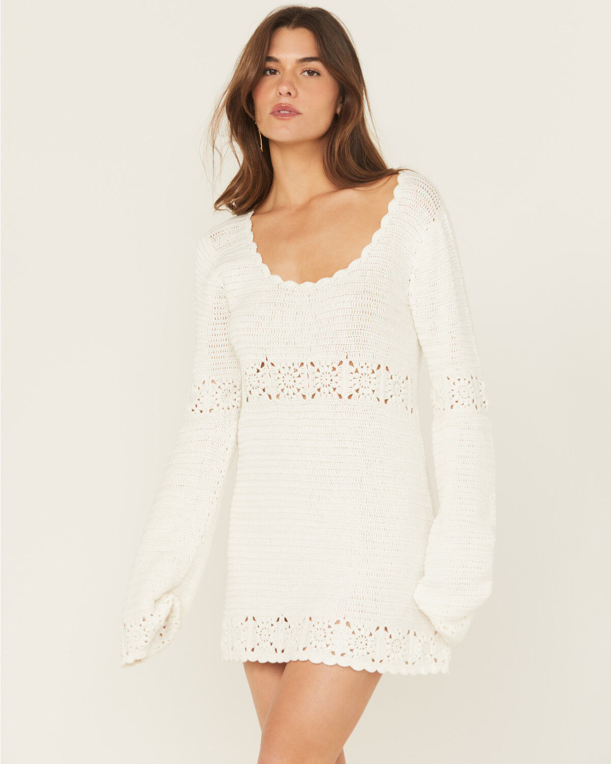 Image #1 - Show Me Your Mumu Women's Jet Lag Long Sleeve Crochet Mini Dress, White, hi-res