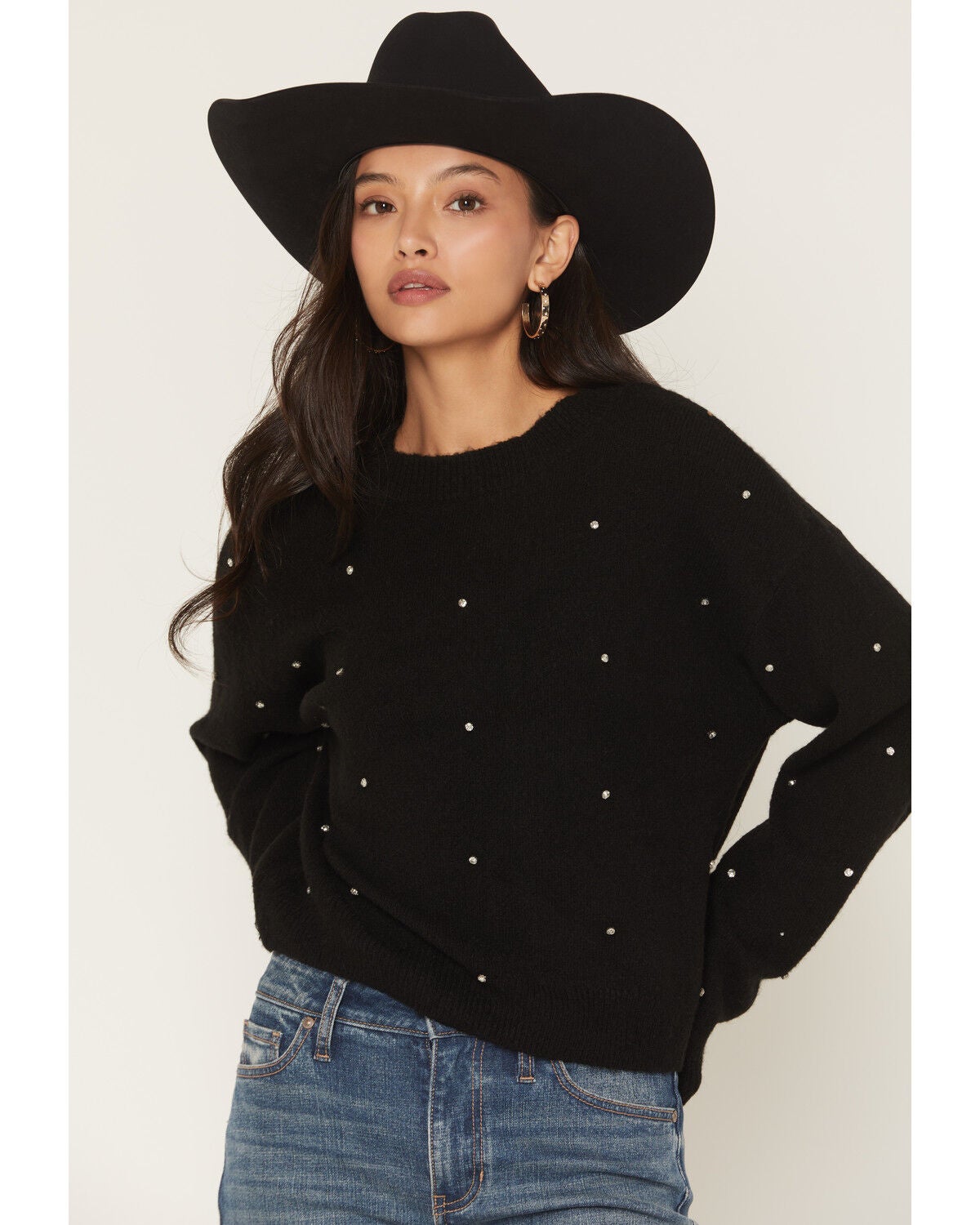 Rock & Roll Denim Women's Rhinestone Sweater, Black, hi-res