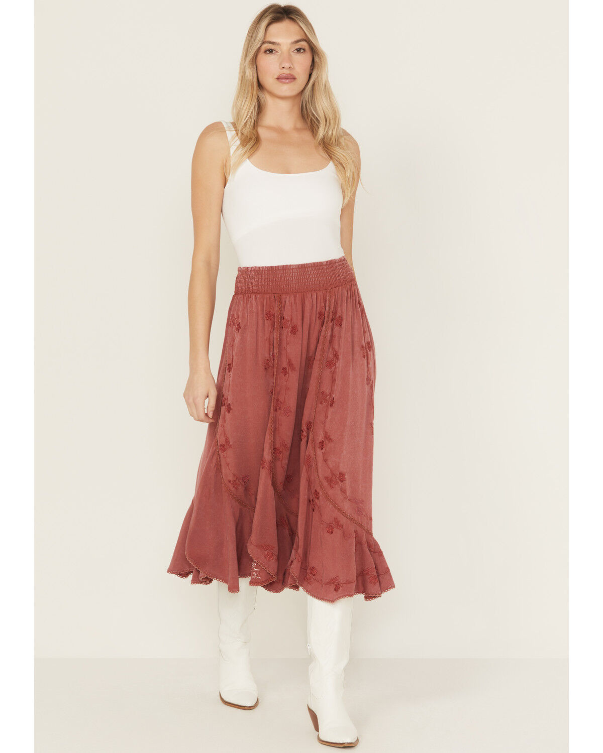 Image #1 - Wild Moss Women's Embroidered Panel Midi Skirt, Rose, hi-res