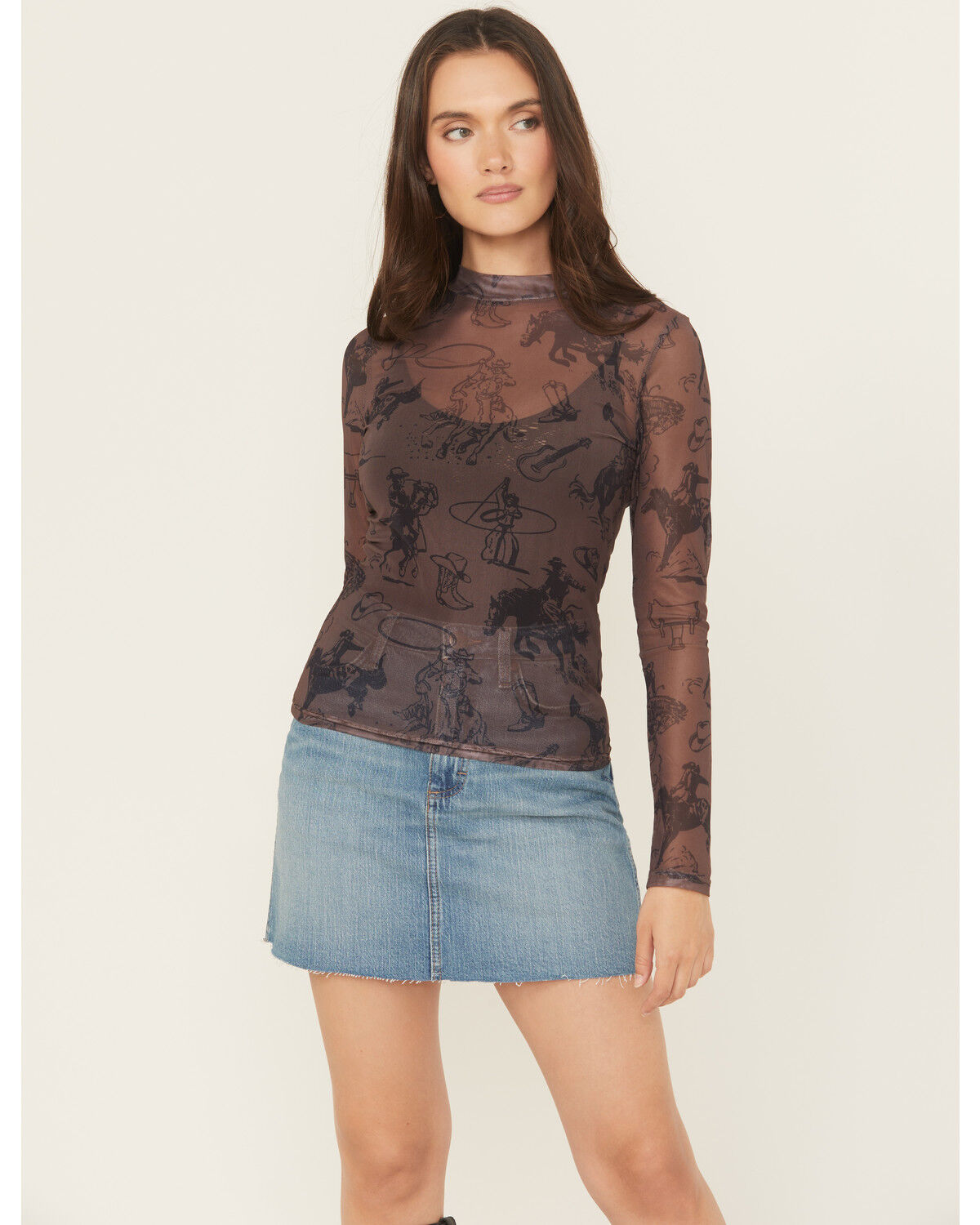 Image #1 - Blue B Women's Cowboy Conversation Print Long Sleeve Mesh Shirt, Brown, hi-res