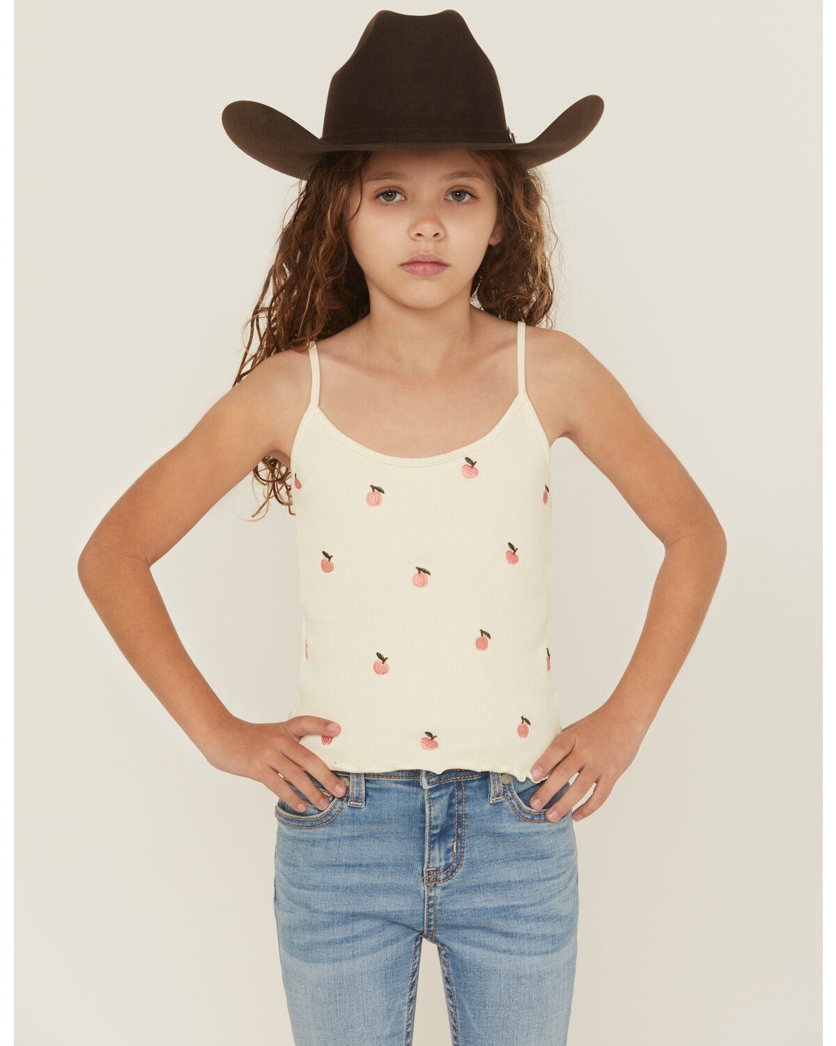 Fornia Girls' Peaches Embroidered Sleeveless Tank Top, Cream, hi-res
