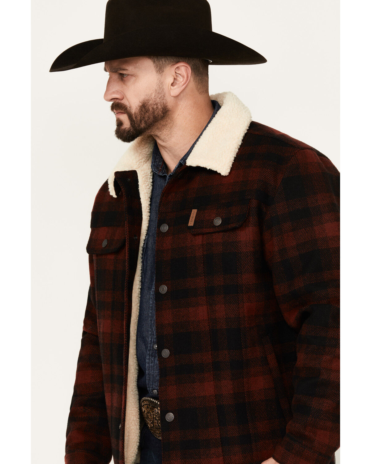 Image #2 - Cinch Men's Plaid Print Sherpa Lined Trucker Jacket, Red, hi-res