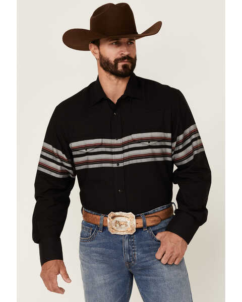 Roper Men's Black & Wine Border Stripe Long Sleeve Snap Western Shirt , Black, hi-res