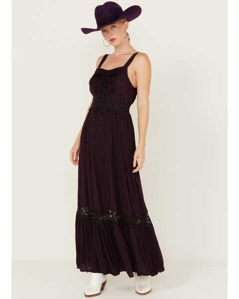 Image #1 - Angie Women's Crochet Lace-Up Maxi Dress, Purple, hi-res