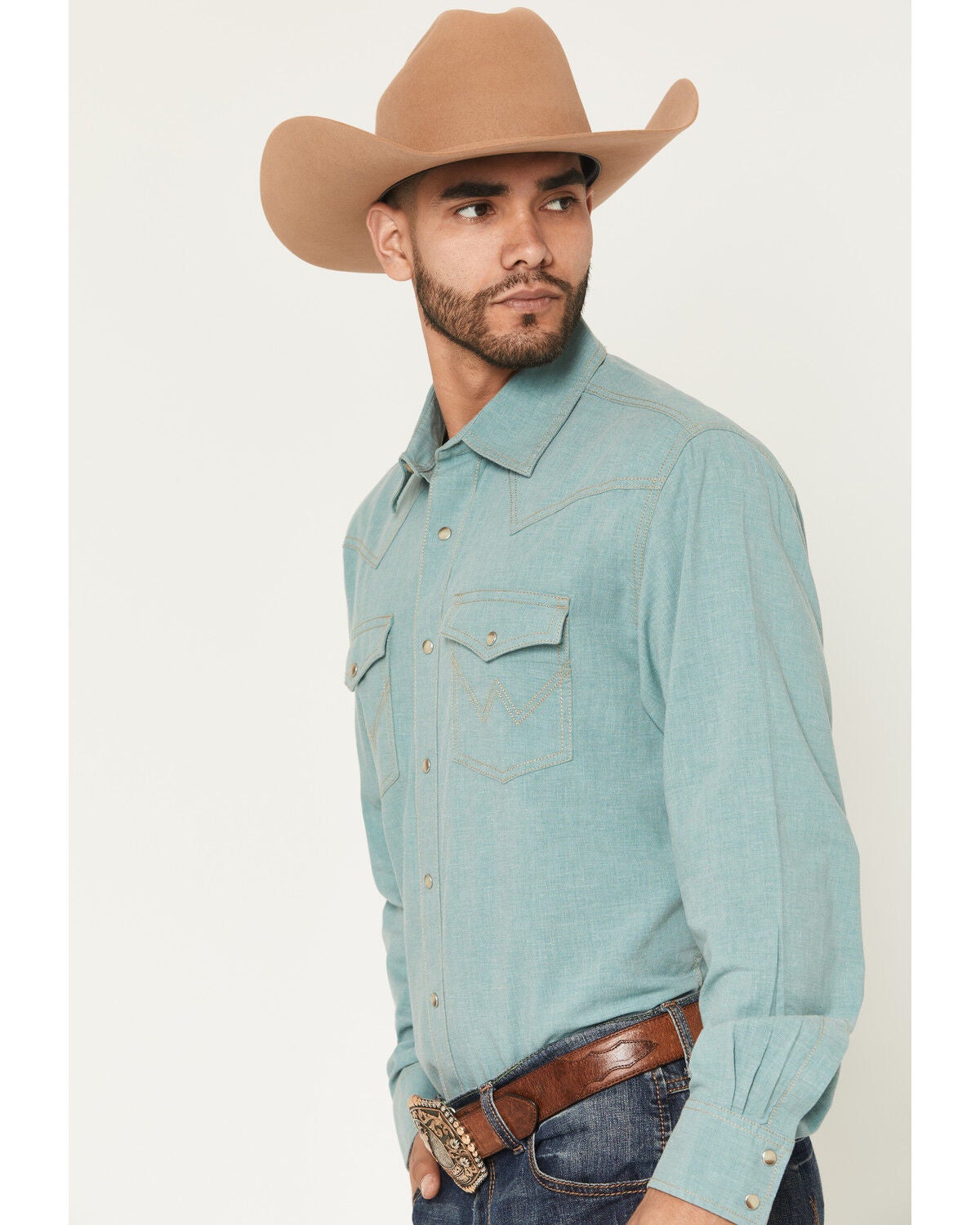 Image #2 - Wrangler Retro Men's Solid Long Sleeve Snap Western Shirt, Teal, hi-res