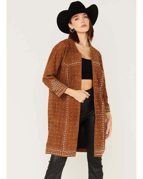 Image #2 - Understated Leather Studded Suede Duster Coat, Tan, hi-res