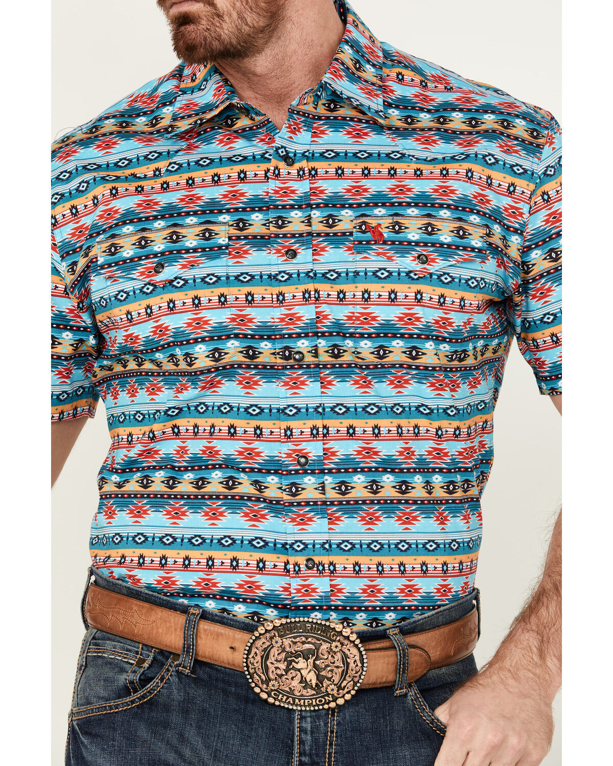 Image #3 - Rodeo Clothing Men's Southwestern Print Short Sleeve Snap Stretch Western Shirt, Blue, hi-res