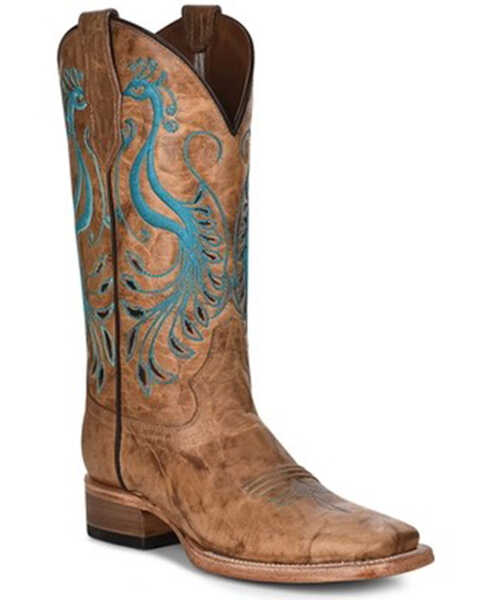 Circle G By Corral Women's LD Peacock Embroidered Beige & Turquoise Leather Western Boot - Wide Square Toe, Beige/khaki, hi-res