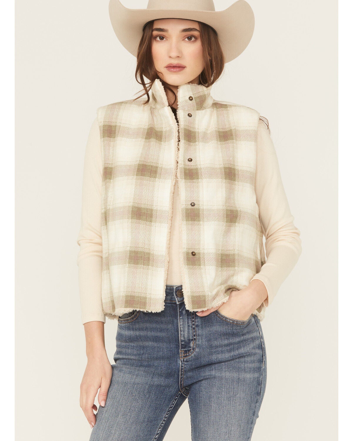 Cleo + Wolf Women's Reversible Sherpa Vest, Moss Green, hi-res