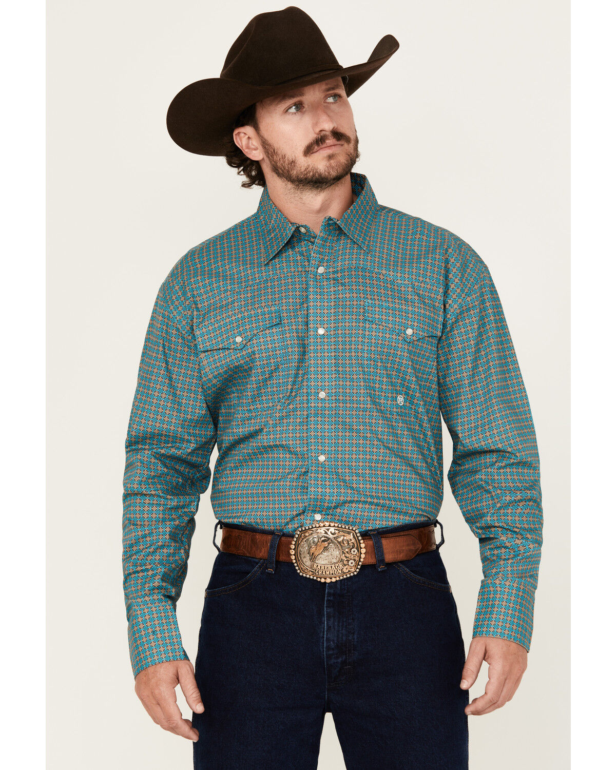 Image #1 - Roper Men's Amarillo Geo Print Long Sleeve Pearl Snap Western Shirt, Turquoise, hi-res