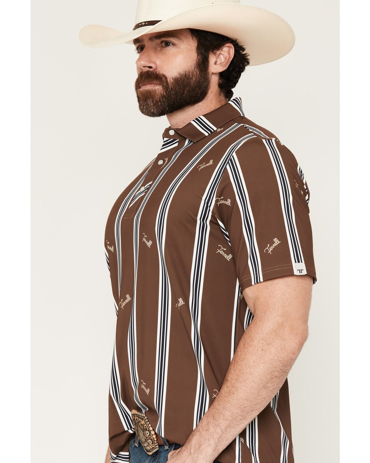 Image #2 - Ferrell Men's Rhett Striped Print Short Sleeve Snap Stretch Polo Shirt, Brown, hi-res