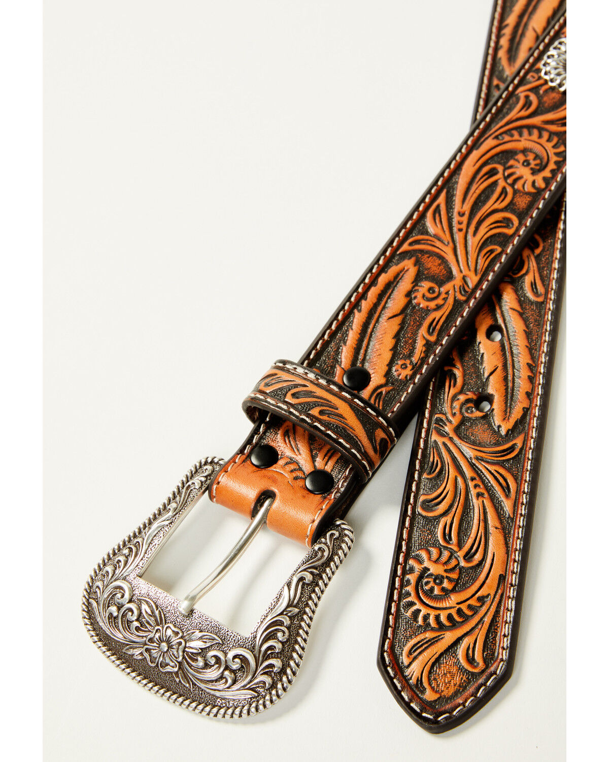 Image #2 - Shyanne Women's Floral Studded Tooled Belt, Brown, hi-res