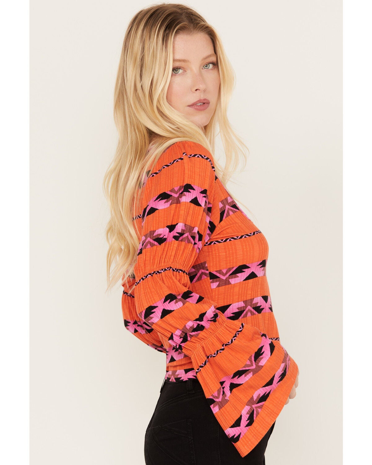 Image #2 - Wrangler Women's Southwestern Striped Long Sleeve Shirt, Orange, hi-res