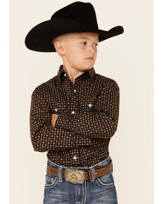 Rough Stock By Panhandle Boys' Brown Geo Print Long Sleeve Snap Western Shirt , Brown, hi-res