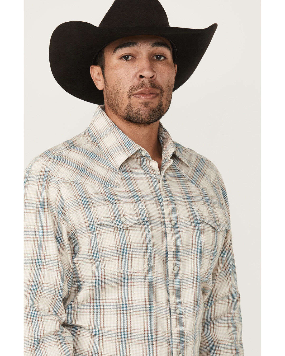 Image #2 - Wrangler Retro Men's Plaid Print Long Sleeve Snap Western Shirt, Cream, hi-res