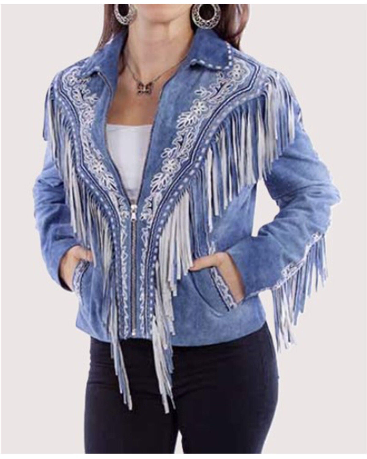 Image #1 - Scully Women's Embroidered Fringe Suede Jacket, Blue, hi-res