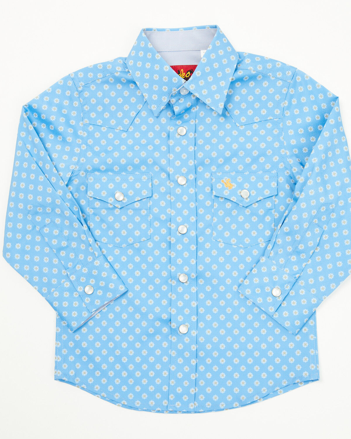 Image #1 - Rodeo Clothing Boys' Geo Print Short Sleeve Pearl Snap Stretch Western Shirt, Blue, hi-res