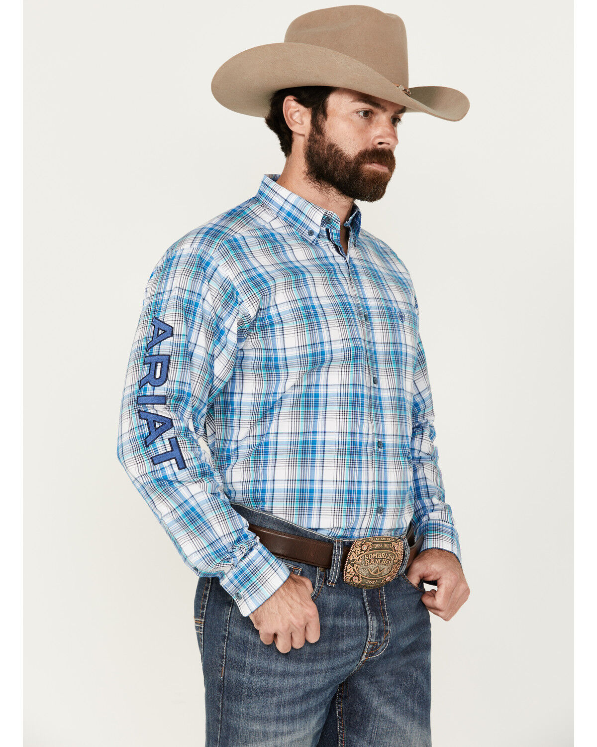 Image #1 - Ariat Men's Pro Series Griffin Team Logo Plaid Print Long Sleeve Button-Down Western Shirt - Tall, Blue, hi-res