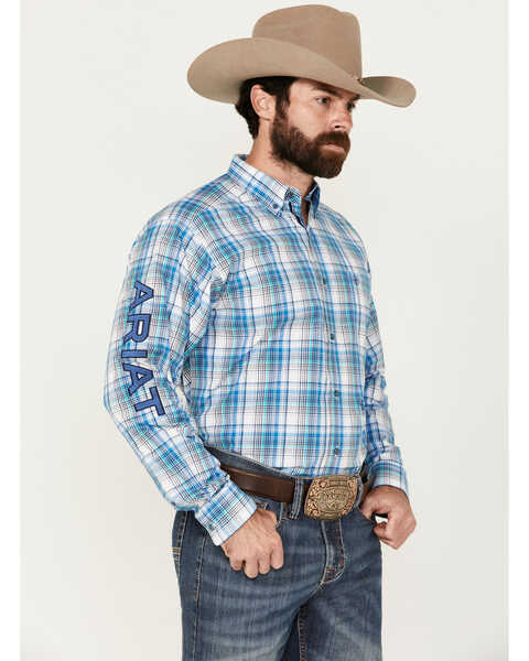 Ariat Men's Pro Series Griffin Team Logo Plaid Print Long Sleeve Button-Down Western Shirt - Tall , Blue, hi-res