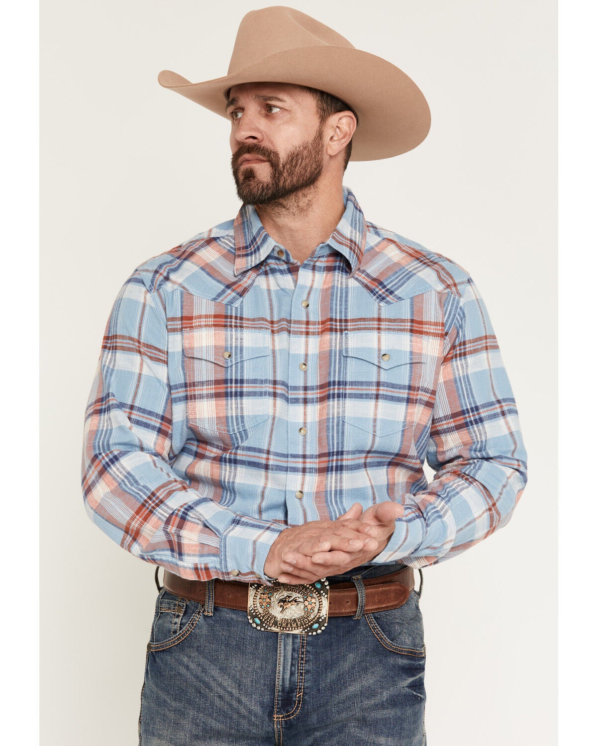 Image #1 - Wrangler Retro Men's Plaid Print Long Sleeve Snap Western Shirt, Blue, hi-res