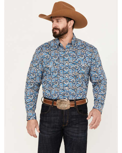 Roper Men's Amarillo Paisley Print Long Sleeve Western Snap Shirt, Blue, hi-res