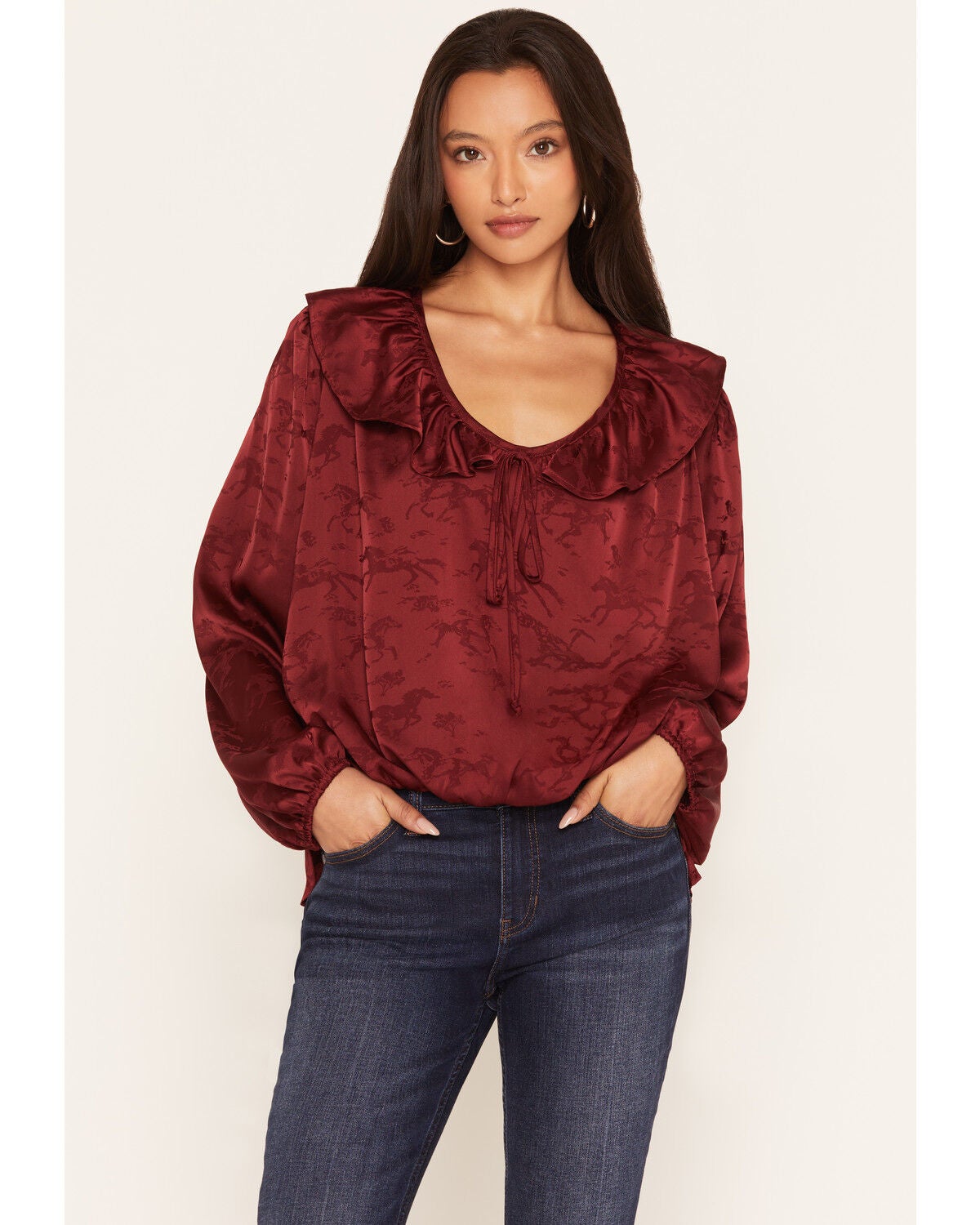 Wonderwest Women's Horse Jacquard Ruffle Bubble Hem Top, Dark Red, hi-res