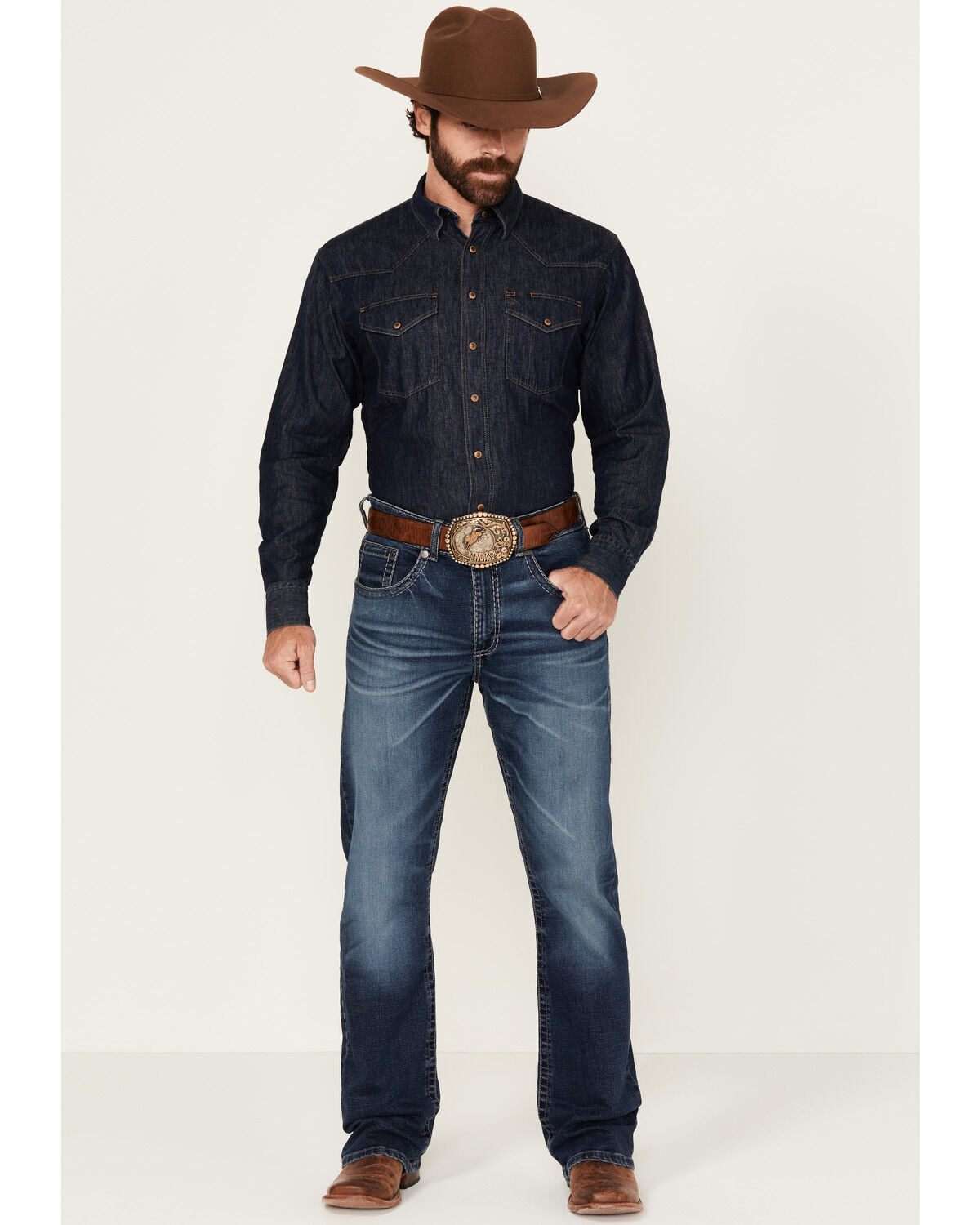 Image #1 - Rock 47 by Wrangler Men's Deverow Dark Wash Slim Bootcut Stretch Denim Jeans, Dark Wash, hi-res