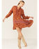 Image #1 - Angie Women's Floral Lace Trim Long Sleeve Mini Dress, Brown, hi-res