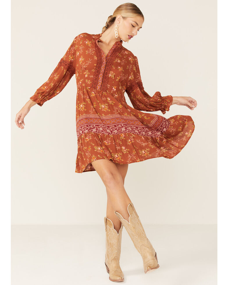 Angie Women's Rust Floral Lace Trim Long Sleeve Mini Dress, Brown, hi-res