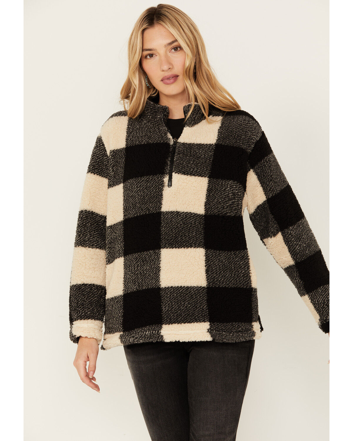 Image #2 - Stillwater Supply Women's Plaid Print Fleece Quarter Zip Pullover, Black/white, hi-res