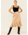 Very J Women's Mocha Satin Ruffle Midi Skirt , Cognac, hi-res